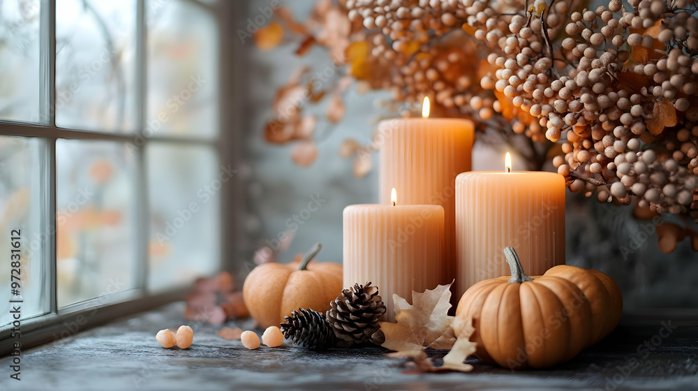 Wall mural a cozy autumn scene featuring candles, pumpkins, and decorative foliage by a window.