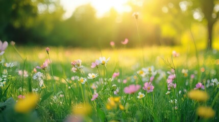 Obraz premium enchanting wildflower meadow in full bloom vibrant mix of colorful blossoms lush green grass sunlit scene with dreamy soft focus effect