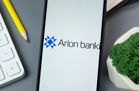 New York, USA - 30 August 2024: Arion Bank Logo on Phone Screen, Company Icon on Display