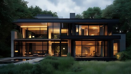 Modern house with large windows, a swimming pool, and a lush green lawn.