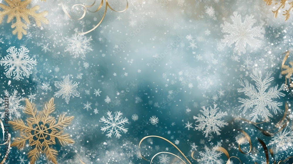 Poster enchanting winter scene with delicate snowflakes and swirling frost patterns in shimmering teal and 