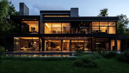Modern house with large windows overlooking a grassy lawn and a small pond at night.