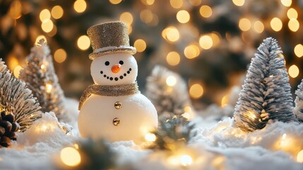 Obraz premium enchanting winter wonderland with a jovial snowman centerpiece surrounded by snowladen pine trees and warm golden lights creating a cozy christmas atmosphere
