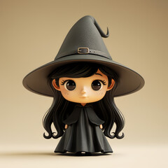 Halloween witch doll with black hat. 3d illustration.