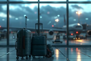 Luggage Resting on Airport Floor During Twilight Hours With Airplanes in Background