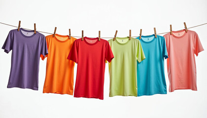 Close-up of colorful t-shirts hanging on a clothesline against a plain white background.






