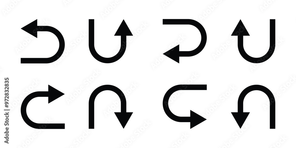 Poster u turn arrow symbol icon set. direction icon set. go straight this way one way only u turn left and 