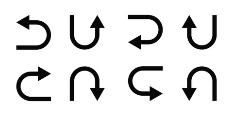 U turn arrow symbol icon set. Direction Icon Set. Go Straight This Way One Way Only U Turn Left and Right Black and White Arrow vector illustration. © Charles stockio