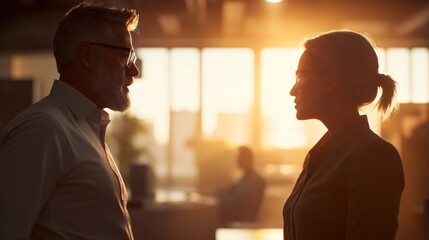 Obraz premium Two business professionals discussing in a modern office with a blurred background and ample copy space on the right.