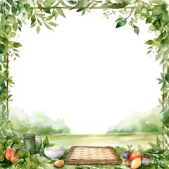 Serene Watercolor Spring Picnic Scene with Floral Frame and Tea Setting - Idyllic Nature Background Illustration