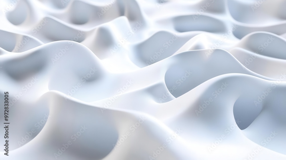 Poster ethereal 3d rendered landscape of undulating organic shapes in pristine white creating a mesmerizing