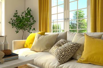 Farmhouse interior design of modern living room, home Fabric sofa with yellow pillows interior design 3d render. Generative Ai.