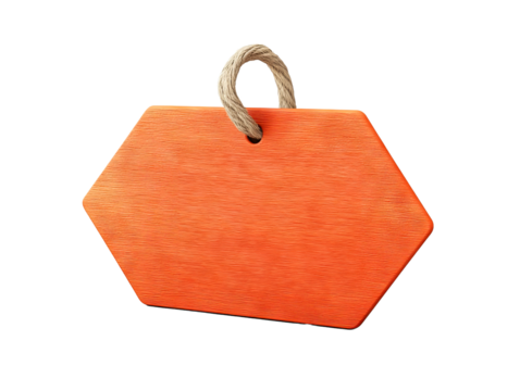 A vibrant orange hexagonal tag with a rope loop, perfect for labeling or branding purposes in creative projects.