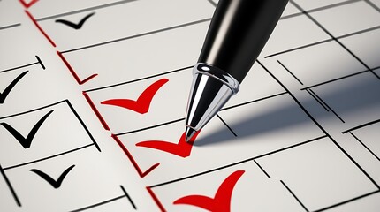 close-up of a checklist with black checkboxes, red checkmarks, and a pen. Ideal for productivity tools, task management, and organization themes.