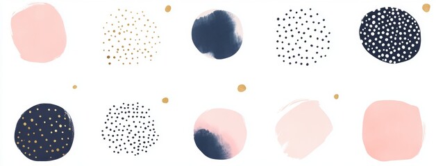 Abstract modern print set. Navy blue, blush, pink, ivory, beige watercolor illustration and gold elements on white background. Logo. Poster. Custom print. Poster. Business card.