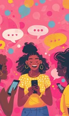 young woman holding smartphone in a colorful, vibrant digital environment filled with emojis and icons, social media messaging and communication concept