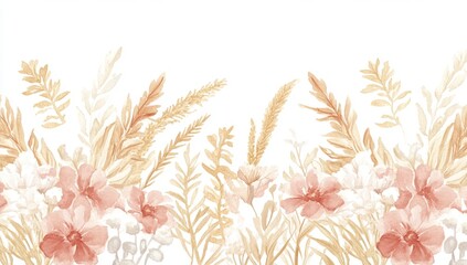 Floral seamless pattern in watercolor with colorful wildflowers, plants, and grass. Horizontal border, isolated illustration. Meadow in a vintage style.