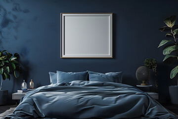 Frame mockup in cozy dark blue bedroom interior, 3d render.. Generative Ai.