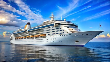 A gleaming white cruise ship glides majestically across a tranquil, blue ocean under a sky streaked with vibrant clouds, capturing the essence of luxury travel and maritime adventure