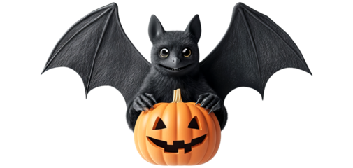 Adorable cartoon bat with a pumpkin, perfect for Halloween themes, decorations, and festive designs. Cute and playful character.
