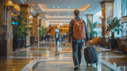 Obraz premium Man with a backpack walks through a brightly lit, modern hotel lobby, pulling a suitcase. The sleek surroundings and polished floor create a luxurious, stylish atmosphere.