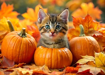 Cute Halloween kitten surrounded by autumn leaves and pumpkins