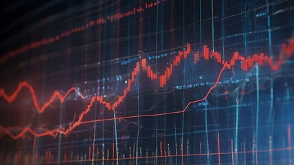 Naklejka premium A digital stock market graph with red glowing dots and lines forming an analysis is displayed on a dark blue background