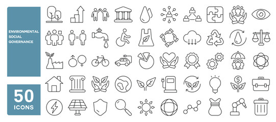 Set of 50 line icons related to environmental social governance, sustainable, climate, responsibility, rights, humanity, economy, performance, social,ecology, esg, Editable stroke. Vector illustration