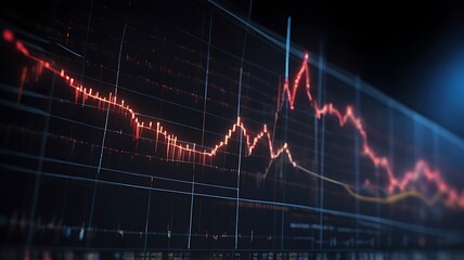A digital stock market graph with red glowing dots and lines forming an analysis is displayed on a dark blue background
