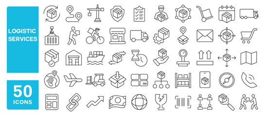 Set of 50 line icons related to logistic services, trading, international, shipping, commerce, truck, delivery, courier, tracking, warehouse, chain, supply, Editable stroke. Vector illustration