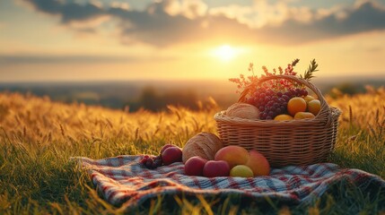 Picnic Blanket with Fruit and Bread in a Basket on a Wheat Field at Sunset, Featuring a Golden Grass Landscape and Blue Sky with Clouds, Capturing a Warm Spring or Summer Day

