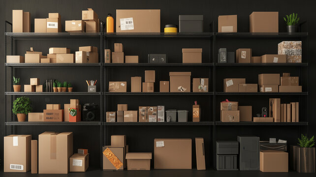 A well organized room featuring shelves filled with various boxes and items, creating sense of order amidst clutter. space is functional and practical, ideal for storage solutions