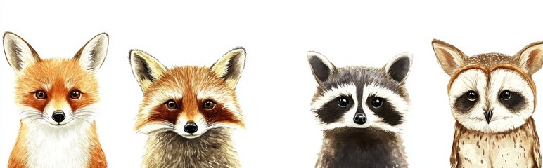 Cute baby fox, deer, raccoon, owl and fox animal cartoon isolated on a white background. Bohemian boho drawing for nursery poster.