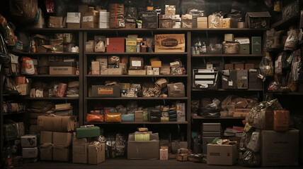 A cluttered room filled with various boxes and packages on shelves, creating sense of disorganization and chaos. shelves are packed with items, showcasing mix of colors and textures, evoking feeling o