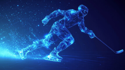 An abstract representation of an ice hockey player, designed with a blue polygonal and low poly wireframe style. The player’s silhouette is rendered in a thin line cybernetic fashion, highlighting dyn