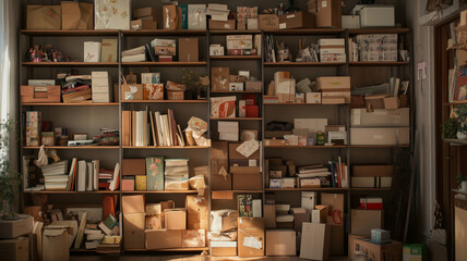 Obraz premium A cozy room filled with shelves overflowing with various boxes and books, creating warm and inviting atmosphere. organized chaos reflects creative space full of potential