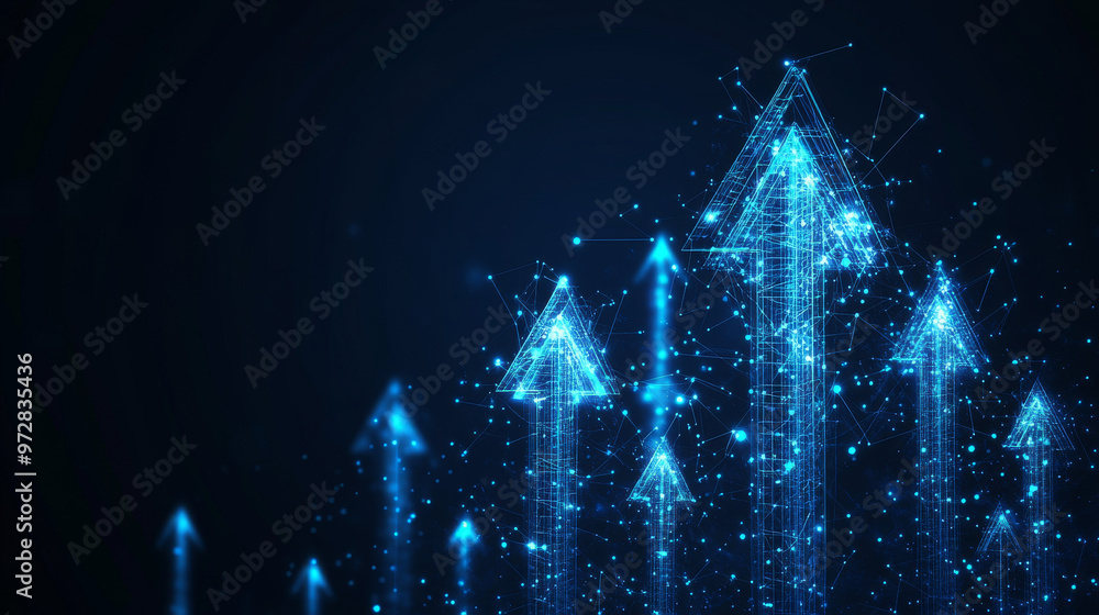 Poster a dynamic set of digital abstract arrows, rendered in a futuristic low poly wireframe style, showcas