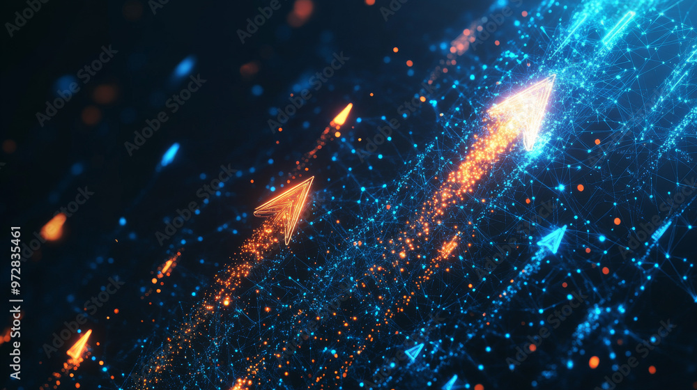 Poster a dynamic set of digital abstract arrows, rendered in a futuristic low poly wireframe style, showcas