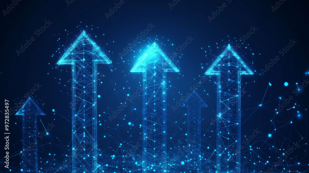 Poster a dynamic set of digital abstract arrows, rendered in a futuristic low poly wireframe style, showcas
