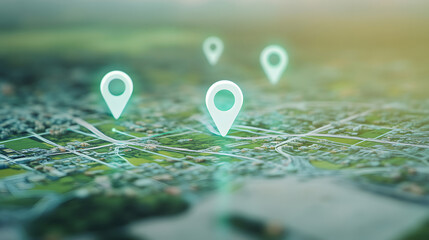 Green pin on a green map, close up of a location marker