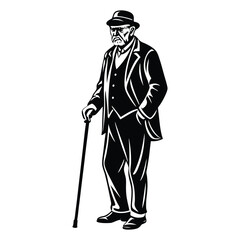 Elderly Man Using Cane Silhouette, Vector Illustration, Senior, Walking Aid