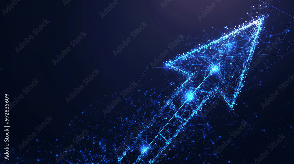 Poster a dynamic set of digital abstract arrows, rendered in a futuristic low poly wireframe style, showcas