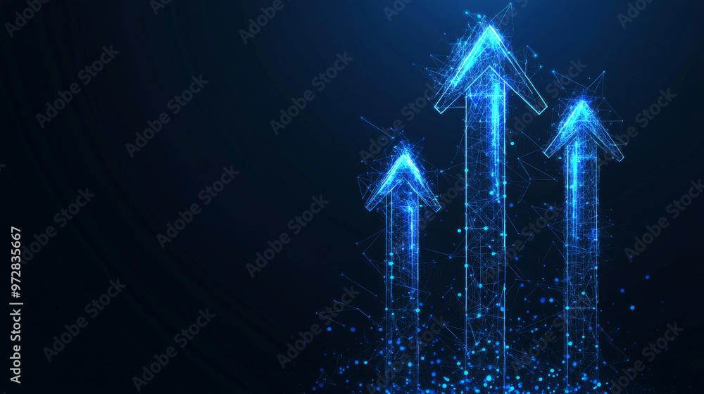 Poster a dynamic set of digital abstract arrows, rendered in a futuristic low poly wireframe style, showcas