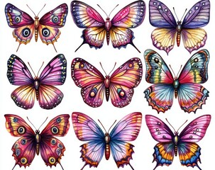 An illustrated set of hand-painted watercolor illustrations showing bright butterflies on a white background