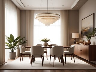 Contemporary Dining Room with Wooden Table and Soft Beige Accents