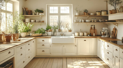 A cozy kitchen filled with plants, natural light, and rustic decor.