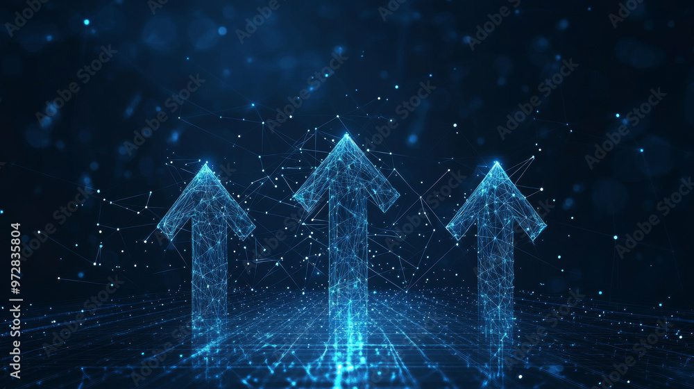 Poster a dynamic set of digital abstract arrows, rendered in a futuristic low poly wireframe style, showcas
