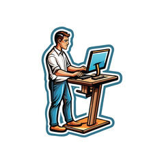 Cartoon illustration of an office worker using a standing desk.