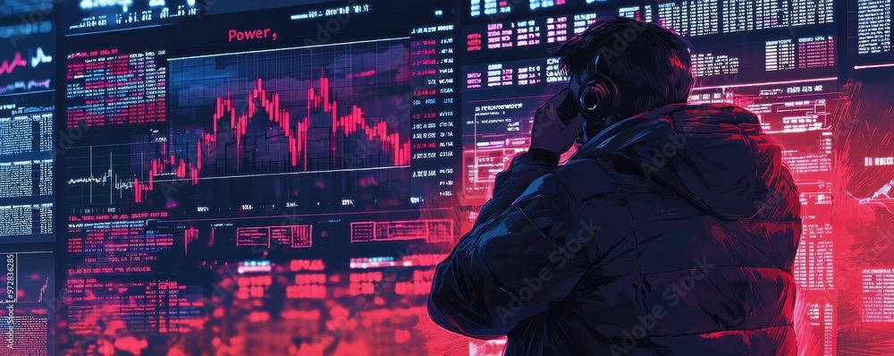 Poster stock market trader observing digital stock charts on large monitors showcasing economic data and an
