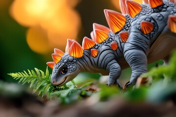 A baby Stegosaurus exploring its surroundings, under the watchful eye of its mother, nibbling on ferns and shrubs